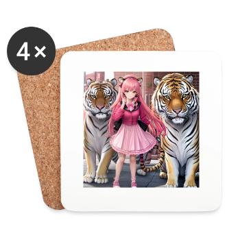 Mädchen mit zwei Anime-Tigern - Untersetzer (4er-Set) - Weiß - Vorne