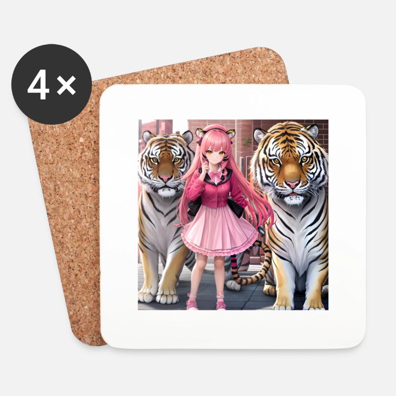 Mädchen mit zwei Anime-Tigern - Untersetzer (4er-Set) - Weiß