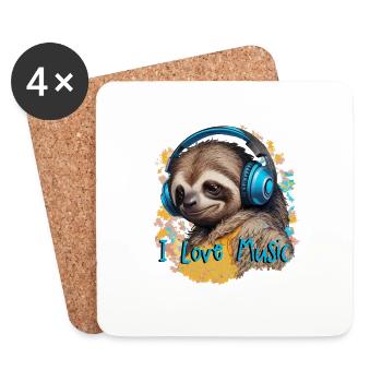 paresseux glacé « I love Music » avec des écouteurs - Dessous de verre (lot de 4) - blanc - Devant