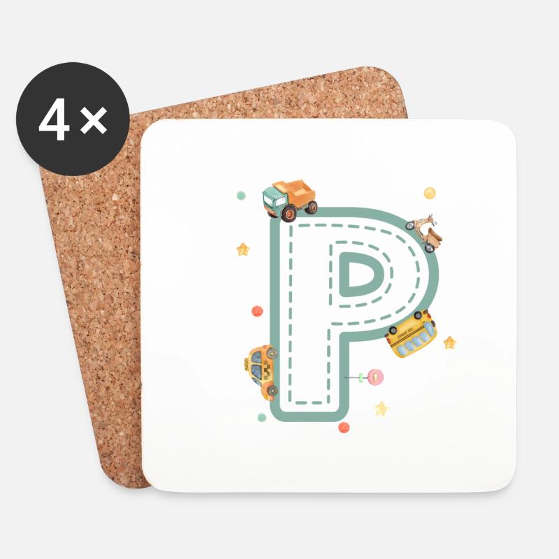 Buchstabe p Fahrzeug - personalisiertes Kindergeschenk - Untersetzer (4er-Set) - Weiß
