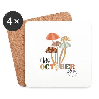 Hello October Autumn Fall Retro Mushroom Aesthetic - Coasters (set of 4) - white - Front