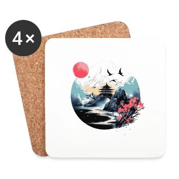 Japanese Mountain, Water & Pagoda Scene - Coasters (set of 4) - white - Front