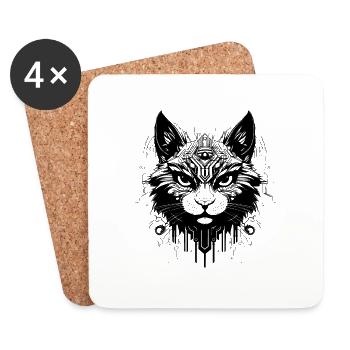Cyber Sigilism Cat Tattoo Design - Coasters (set of 4) - white - Front