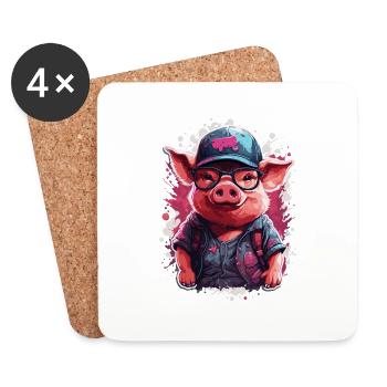 Culting de cochon mignon en casquette de baseball et lunettes de soleil - Dessous de verre (lot de 4) - blanc - Devant