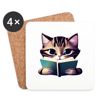 Katze Bücher Kater Buch Kätzchen Hauskatze Lesen - Untersetzer (4er-Set) - Weiß - Vorne