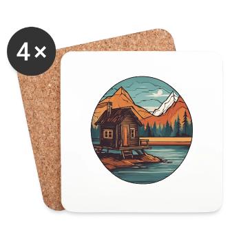 Lakeside House / Cabin / Lake / Mountains / Nature /Forest - Coasters (set of 4) - white - Front