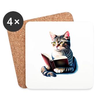 Katze Bücher Lesen Hauskatze Kater Buch Kätzchen - Untersetzer (4er-Set) - Weiß - Vorne