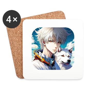Anime Boy und Weißer Manga Schäferhund - Untersetzer (4er-Set) - Weiß - Vorne