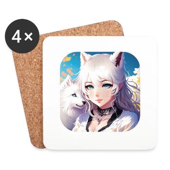 Anime Neko Girl und süßer weißer Hund - Untersetzer (4er-Set) - Weiß - Vorne
