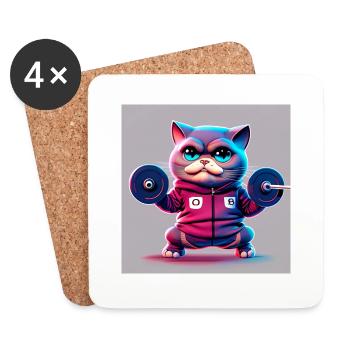 cute funny cat illustration lifting weight workout - Coasters (set of 4) - white - Front