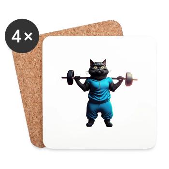 cute funny cat illustration lifting weight workout - Coasters (set of 4) - white - Front