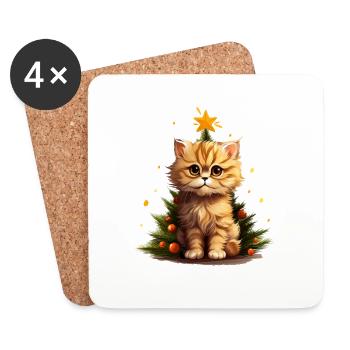Beleuchtetes Weihnachtskätzchen - Untersetzer (4er-Set) - Weiß - Vorne