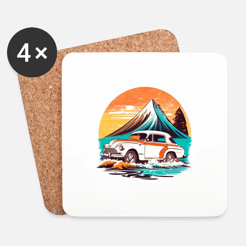 Vintage - Strandblick mit altem Auto - Untersetzer (4er-Set) - Weiß