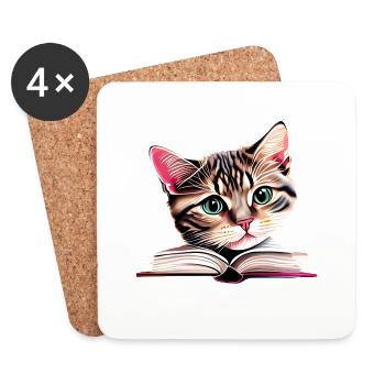 Katze Bücher Kater Buch Kätzchen Lesen Hauskatze - Untersetzer (4er-Set) - Weiß - Vorne