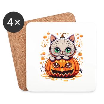 Chat doux à la citrouille - Dessous de verre (lot de 4) - blanc - Devant