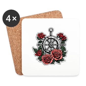 Steuerrad / Anker / Rosen / Ahoi / Schiff / Boot - Untersetzer (4er-Set) - Weiß - Vorne