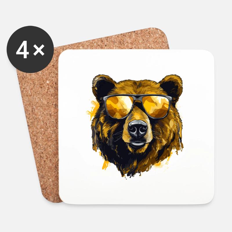 Bär mit Sonnenbrille, Illustration - Untersetzer (4er-Set) - Weiß
