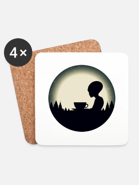 Alien Außerirdischer Kaffee Silhouette Nachthimmel - Untersetzer (4er-Set) - Weiß