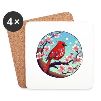 Red cardinal on a cherry blossom branch - Coasters (set of 4) - white - Front