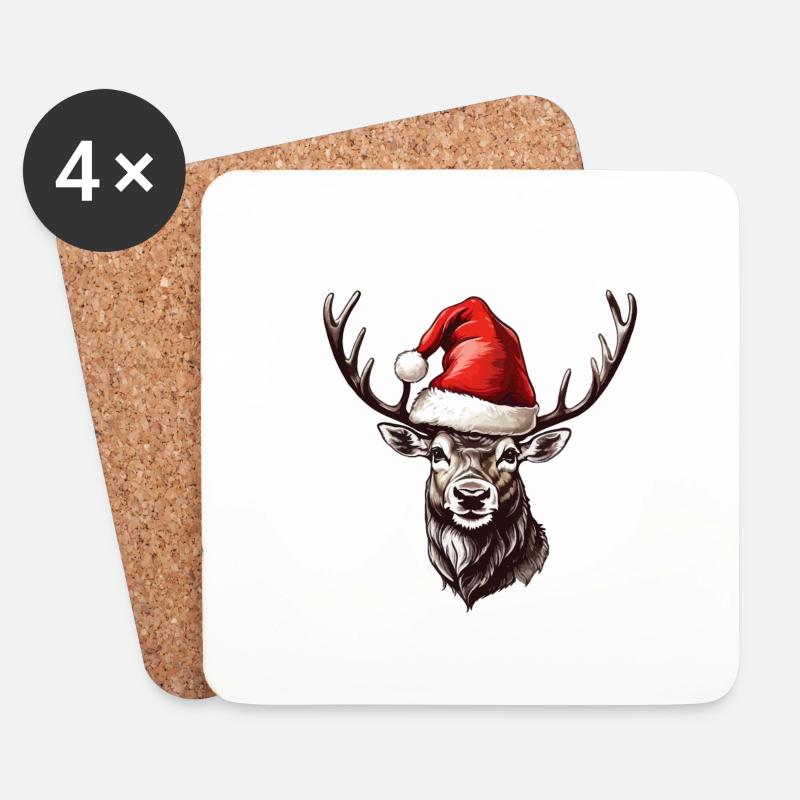 Rentier mit Weihnachtsmütze - Untersetzer (4er-Set) - Weiß
