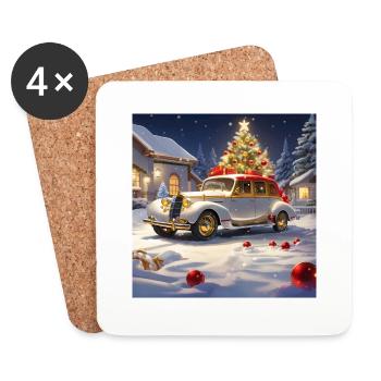 VOITURES ANCIENNES DANS LA NEIGE À NOËL - Dessous de verre (lot de 4) - blanc - Devant