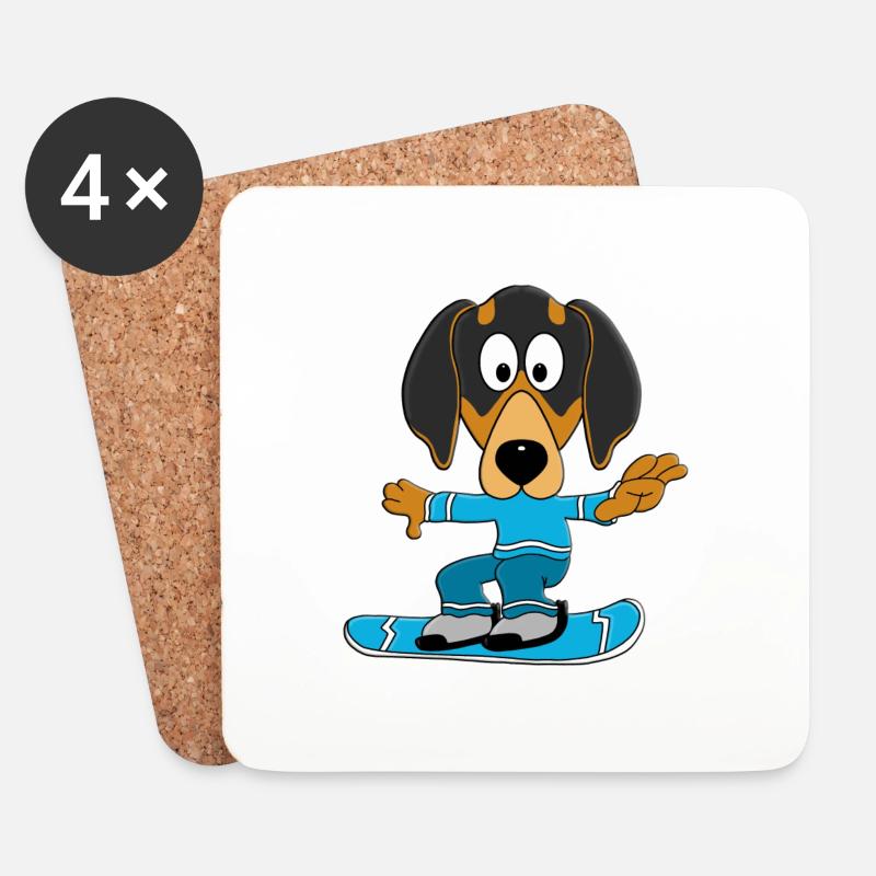 HUND - DACKEL - SNOWBOARD - WINTERSPORT - Untersetzer (4er-Set) - Weiß