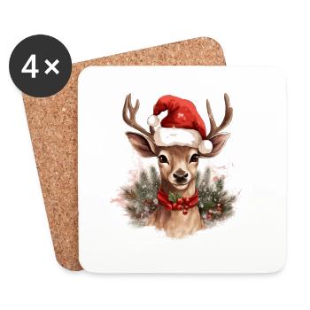 T-shirt de Noël avec cerf père Noël chapeau cerf - Dessous de verre (lot de 4) - blanc - Devant