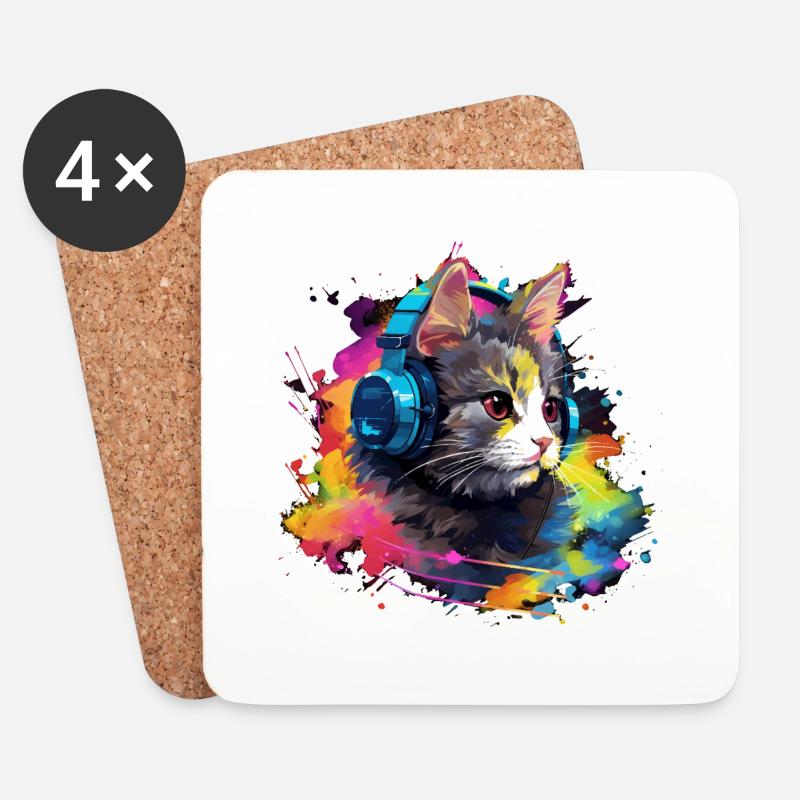 Katzen Design coole Katze mit Kopfhörer Vintage - Untersetzer (4er-Set) - Weiß
