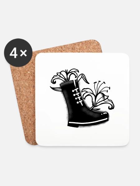 Schwarzer Stiefel mit Lilien Blumen - Untersetzer (4er-Set) - Weiß