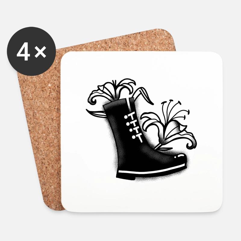 Schwarzer Stiefel mit Lilien Blumen - Untersetzer (4er-Set) - Weiß