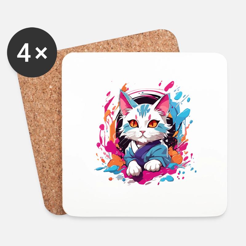 Bunte Katze - Untersetzer (4er-Set) - Weiß