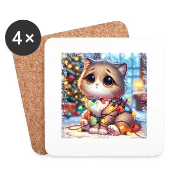 Chat de Noël mignon - Fée Lumières Chaos dans le - Dessous de verre (lot de 4) - blanc - Devant