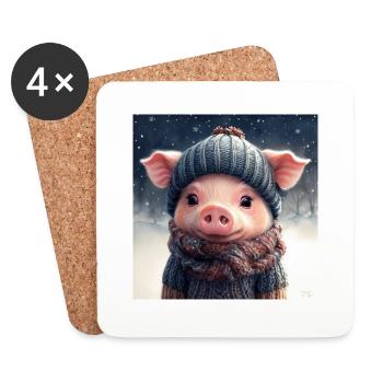 Cute winter piglet with clothes on - Coasters (set of 4) - white - Front