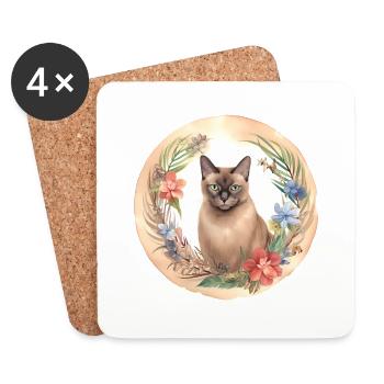 Burmesische Katze Boho Elemente, Liebe Katzen - Untersetzer (4er-Set) - Weiß - Vorne