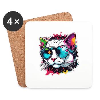 Coole Katze / lustig / Tier / Haustier / verrückt - Untersetzer (4er-Set) - Weiß - Vorne