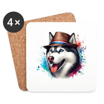 Husky-Kopf mit Hut - Untersetzer (4er-Set) - Weiß - Vorne