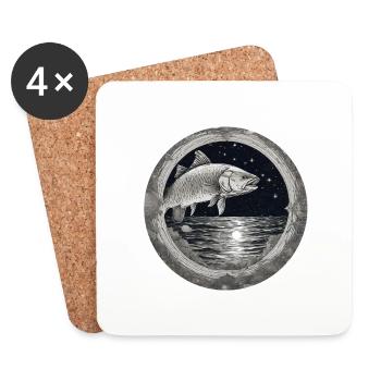 Brochet,Poisson,Illustration,Noir & Blanc,Mer,Cercle - Dessous de verre (lot de 4) - blanc - Devant