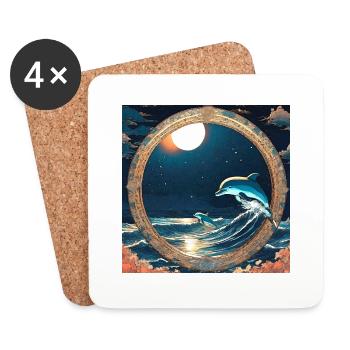 Dauphins, style anime, vague, nuit, cercle, or, peinture - Dessous de verre (lot de 4) - blanc - Devant