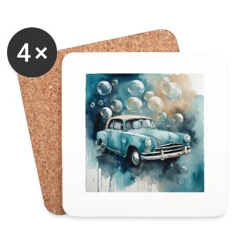 Vieille voiture avec des bulles de savon à l’aquarelle. - Dessous de verre (lot de 4) - blanc - Devant