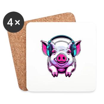 Headphones / Audio / Music / Animal / Pig / Cool - Coasters (set of 4) - white - Front