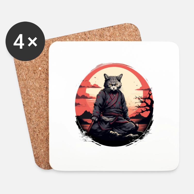 Katze Samurai - Untersetzer (4er-Set) - Weiß