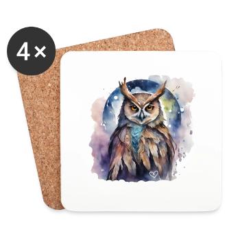 Hibou animal de pouvoir chamanique, intuition, sagesse - Dessous de verre (lot de 4) - blanc - Devant