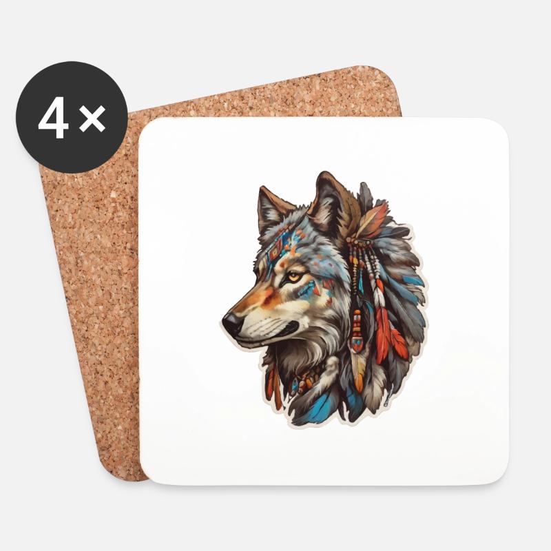Wolf Indianer - Untersetzer (4er-Set) - Weiß