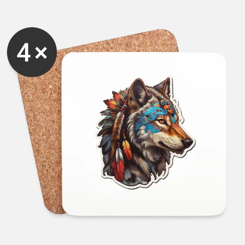Wolf Indianer - Untersetzer (4er-Set) - Weiß