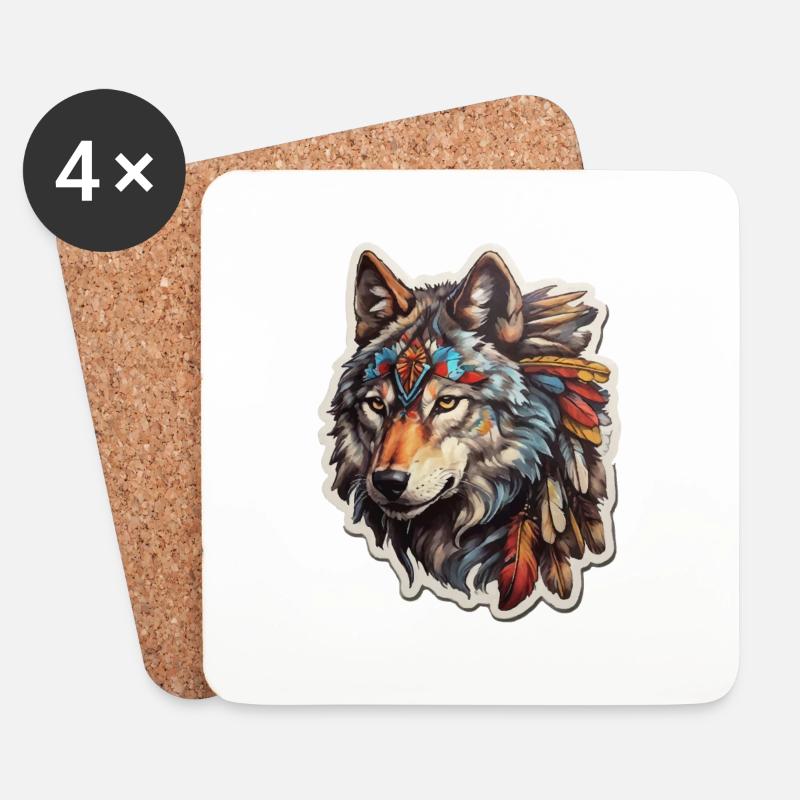 Wolf Indianer - Untersetzer (4er-Set) - Weiß
