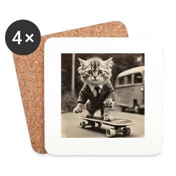 Cat / Animal / Photo / Sepia / Retro / Skateboard - Coasters (set of 4) - white - Front