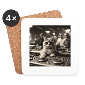 Chat / Animal / Photo / Sépia / Rétro / Vintage / DJ - Dessous de verre (lot de 4) - blanc - Devant