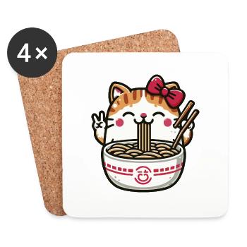 Niedliche Kawaii-Katze frisst Ramen 2 - Untersetzer (4er-Set) - Weiß - Vorne