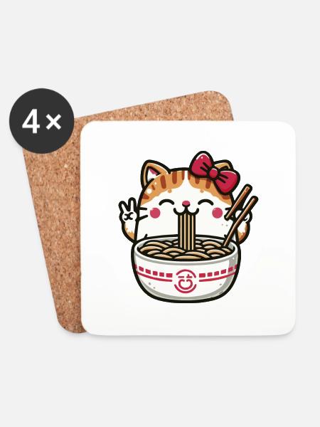 Niedliche Kawaii-Katze frisst Ramen 2 - Untersetzer (4er-Set) - Weiß