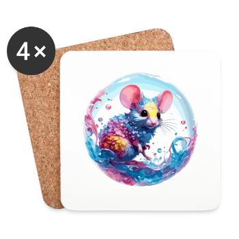 Animal dans la bulle de savon / enfantin / mignon / souris - Dessous de verre (lot de 4) - blanc - Devant